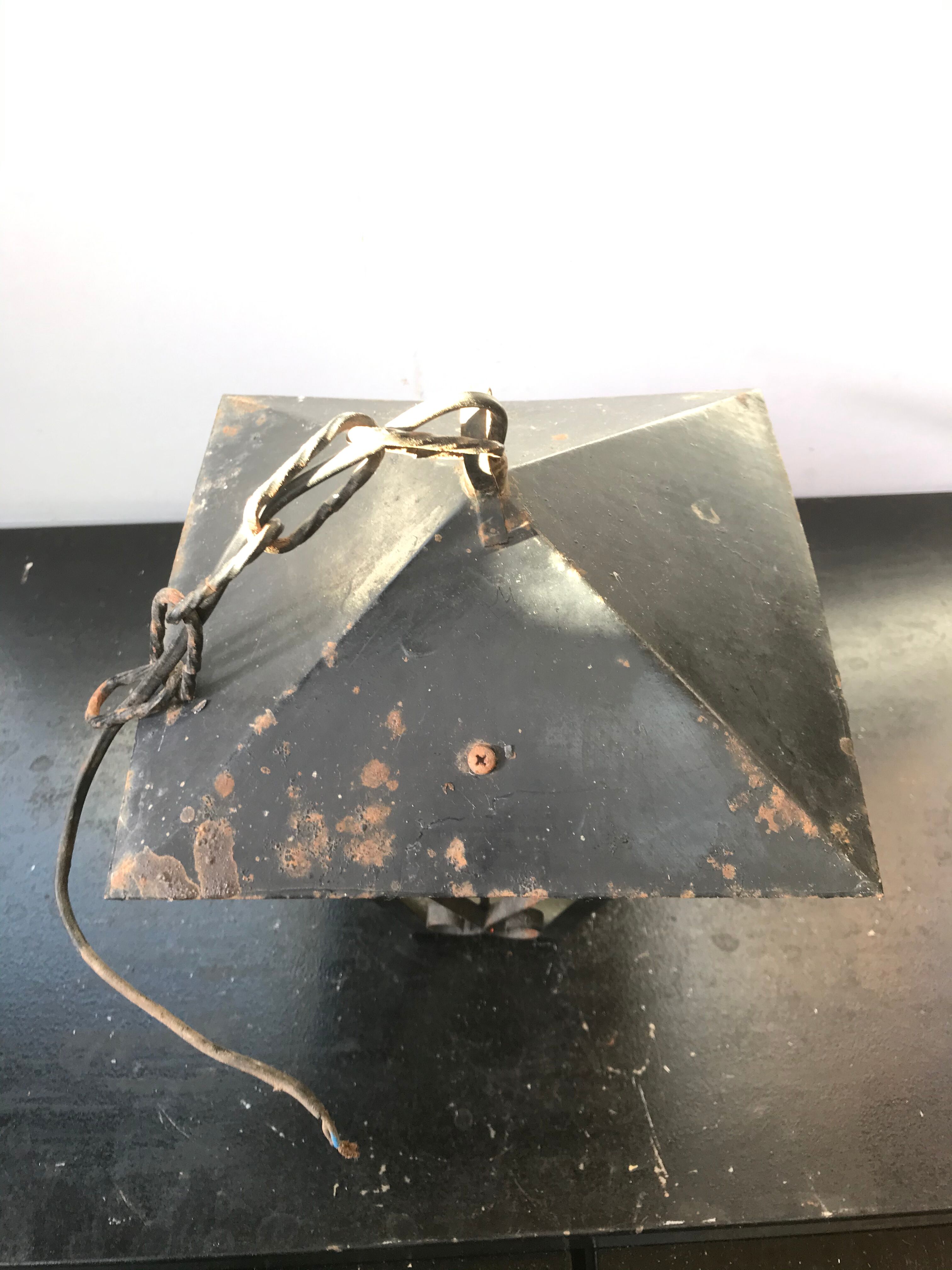 Suspension Old Lantern Metal Black - Vintage 70s Moulded Glass