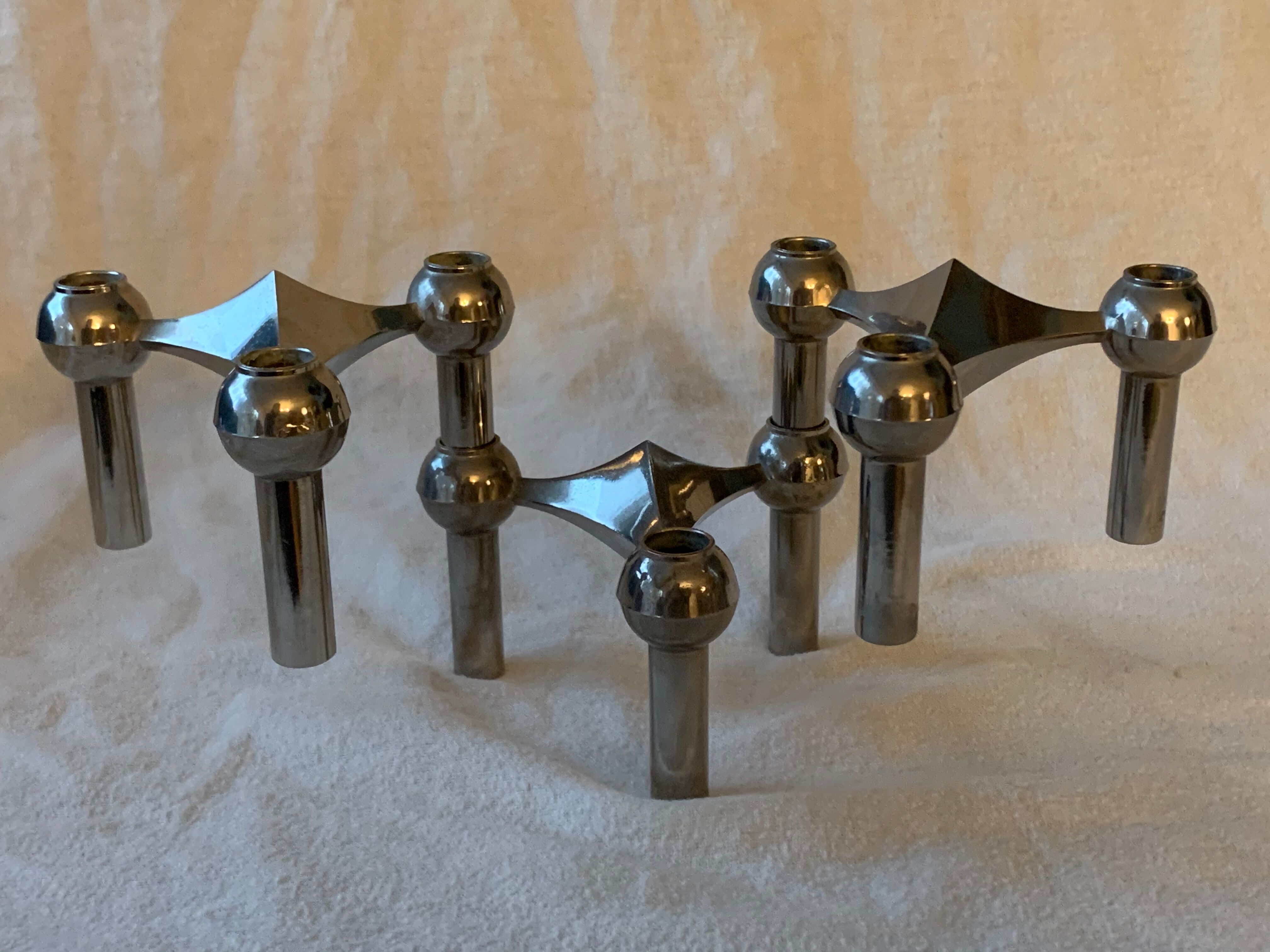 3 chrome metal candlesticks designed Nagel 1970