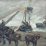 Huile sur panneau de Robert Leparmentier - Le port de Paimpol dans la brume