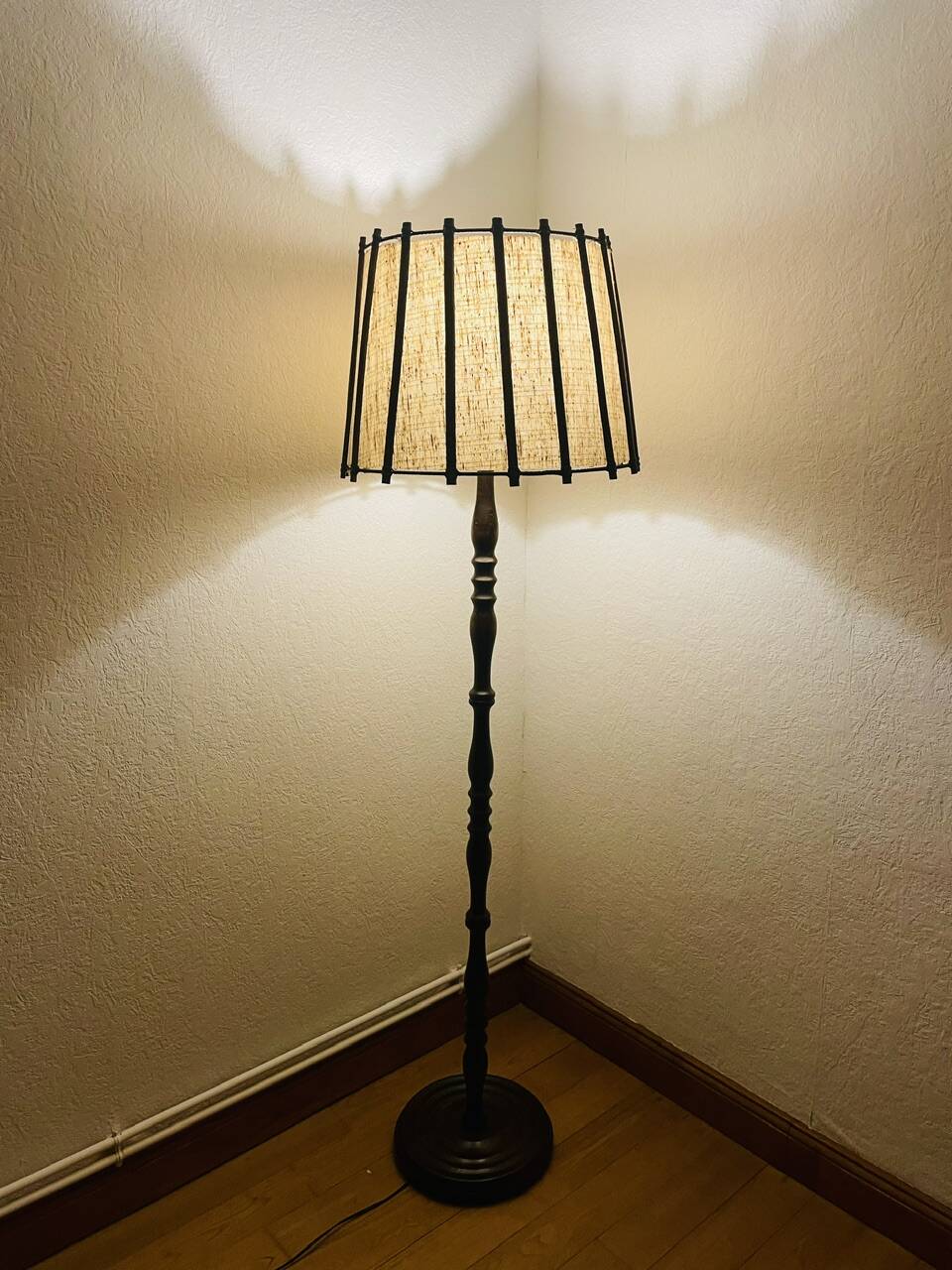 Vintage Floor Lamp Turned Wood, Bamboo Rattan Circa 1950s