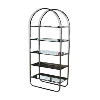 Vintage 70s chrome metal and smoked glass shelf