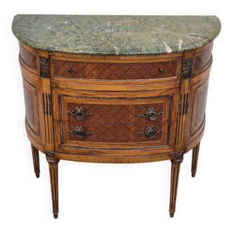 Louis XVI style half-moon chest of drawers in marquetry, bronze and marble