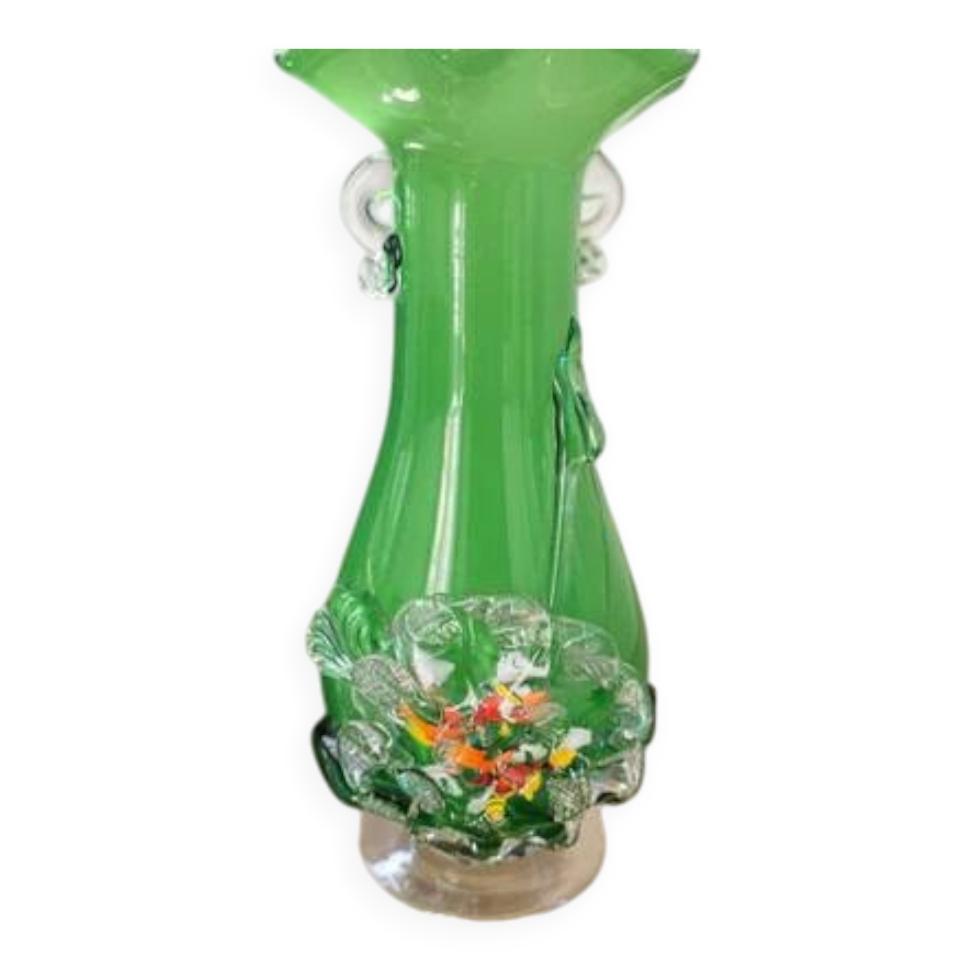 Excentric green blown glass vase with relief flowers Murano
