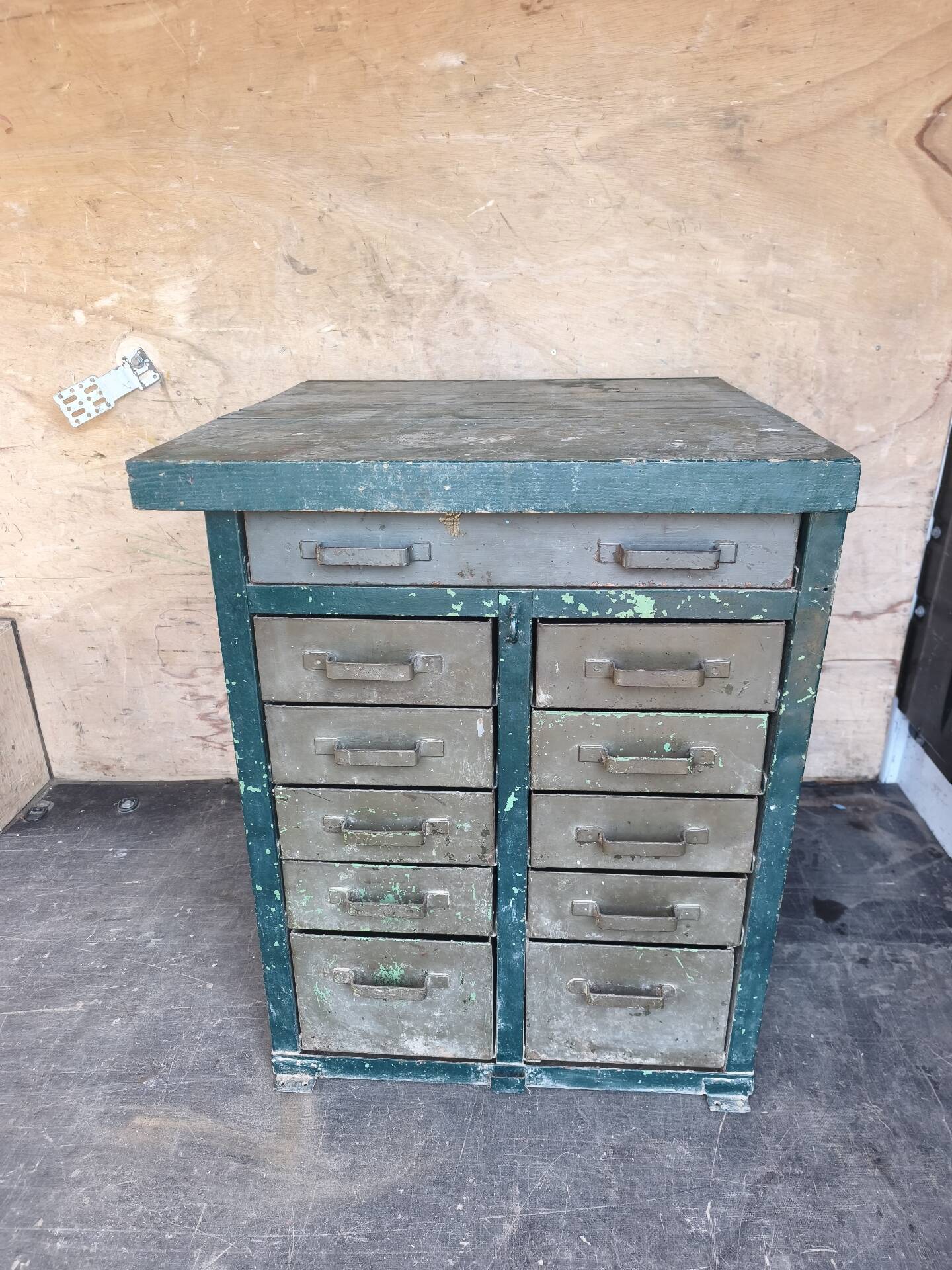 Metal workshop and military furniture with 11 drawers, 1950.