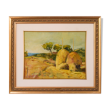 Post impressionist landscape with haystacks