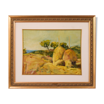 Post impressionist landscape with haystacks