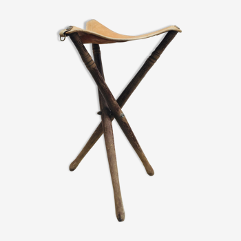 Tabouret pliant de chasse bois et cuir