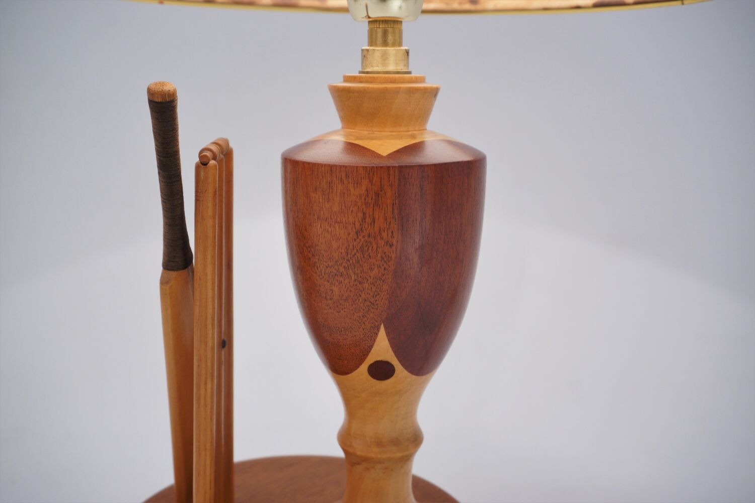 Marquetry wood inlaid table lamp, sport cricket theme, 1950`s ca, English, Rewired