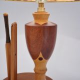 Marquetry wood inlaid table lamp, sport cricket theme, 1950`s ca, English, Rewired
