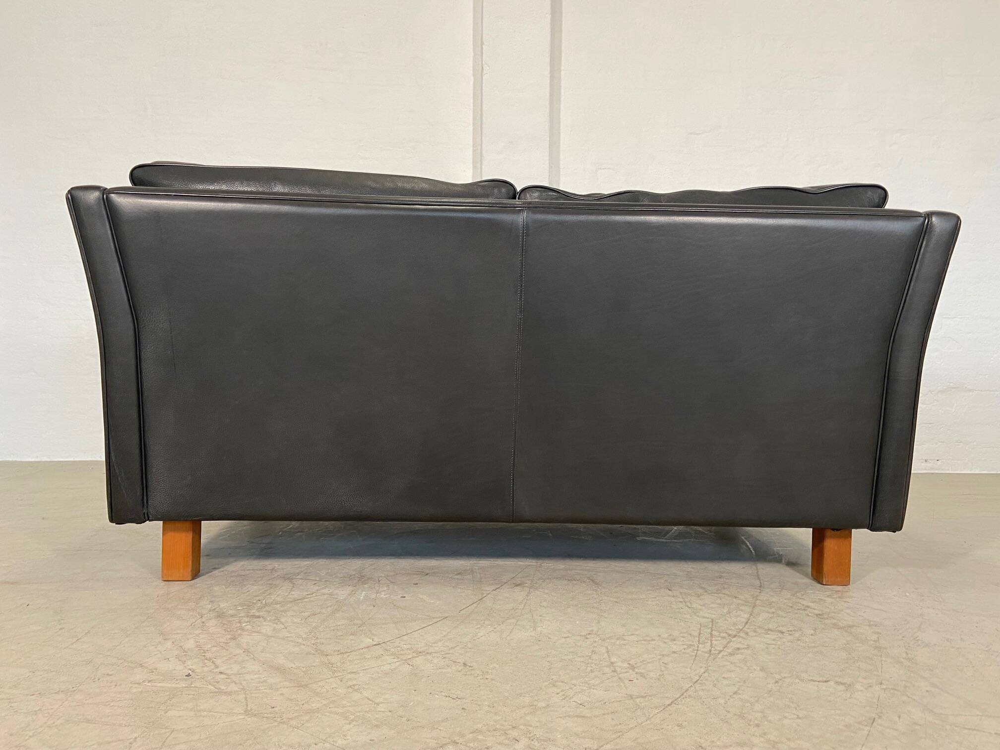 Vintage retro danish mogens hansen 2 person black leather sofa