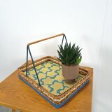 Rattan tray with handle and vintage flowers