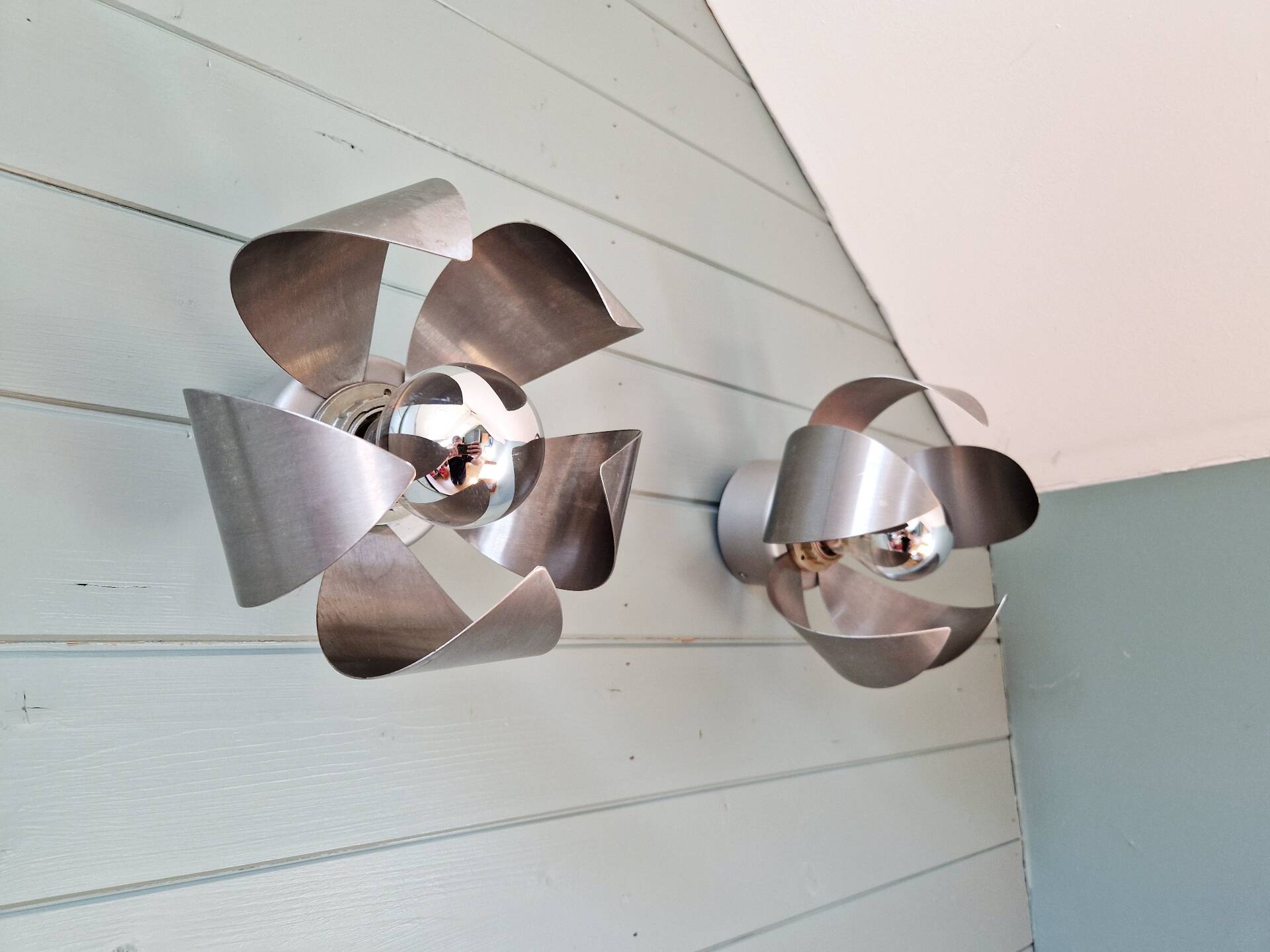 Pair of Space Age wall sconces in chrome metal, 1970s
