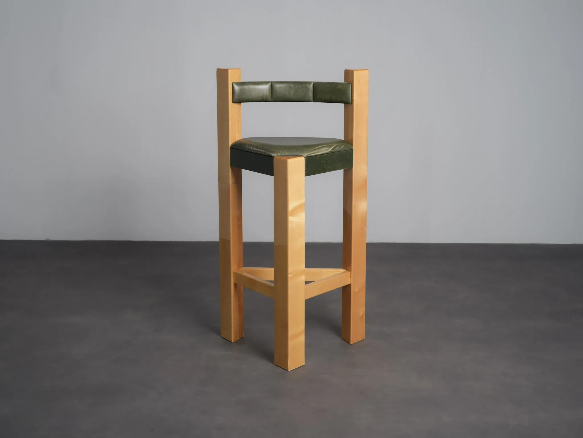 Set of 3 architectural wood and leather bar stools, Netherlands, 1990s