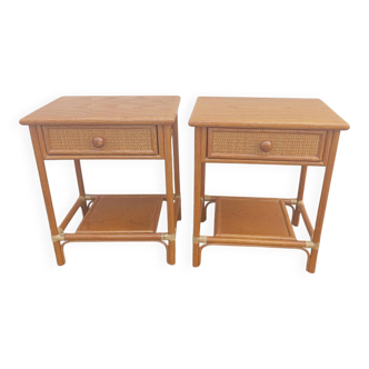 Paire de chevets bois vintage 70/80, bambou et rotin couleur miel
