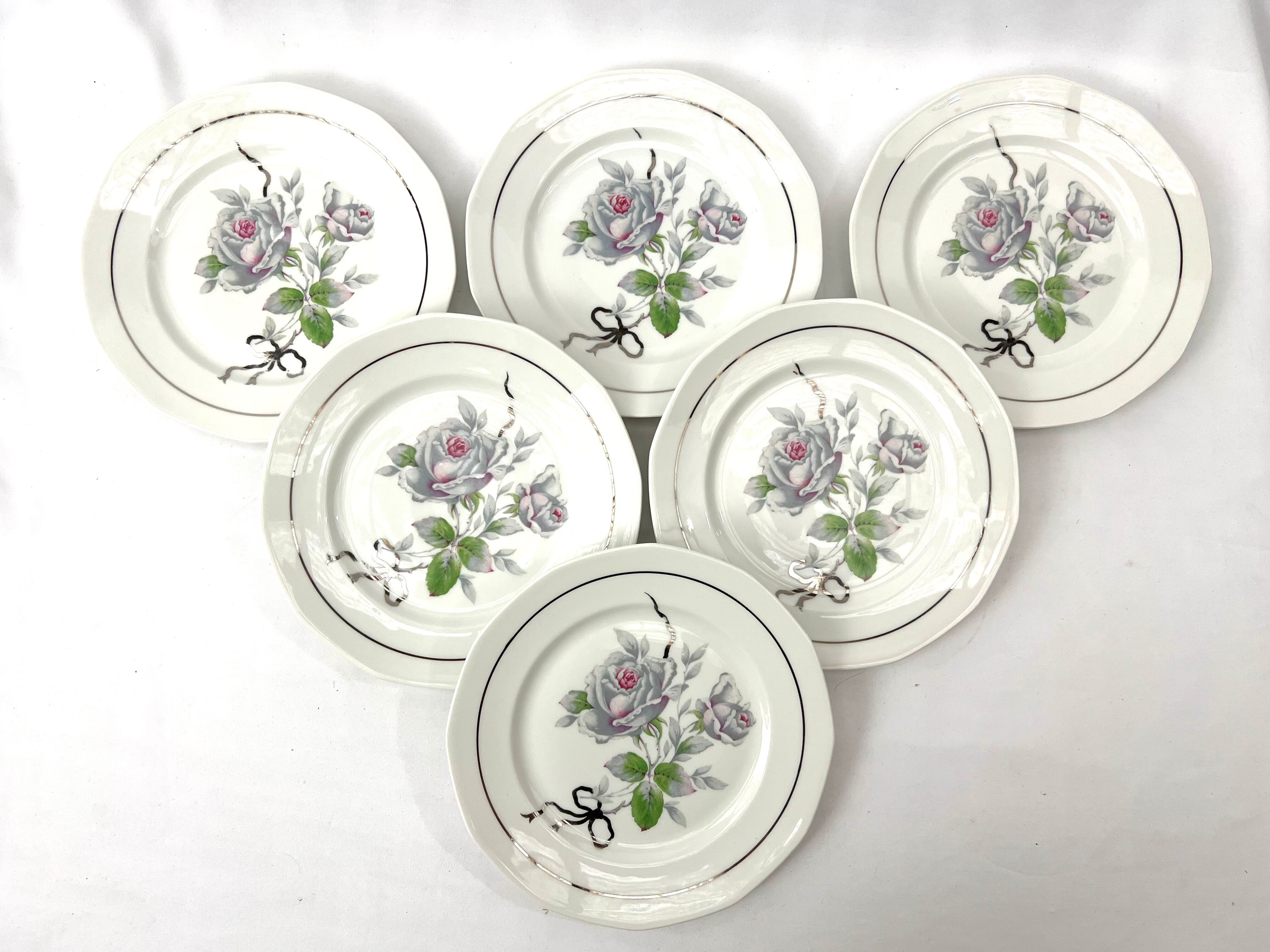6 plates dessert pink flower shabby limoges porcelain