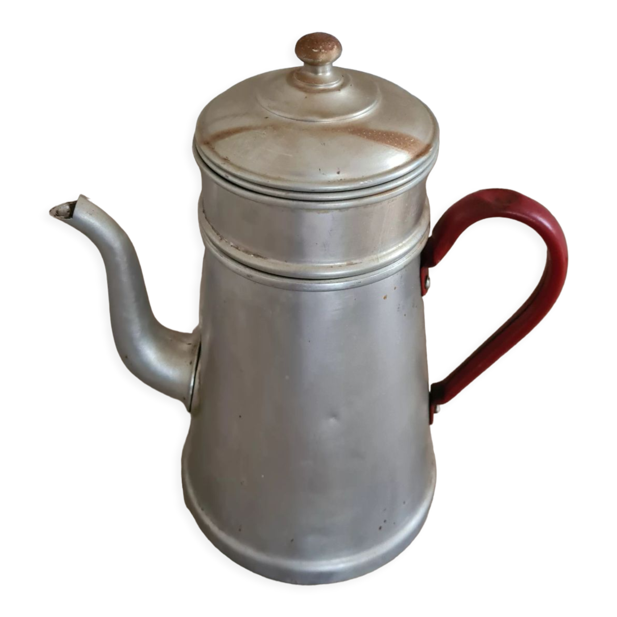 Old enamelled coffee maker in red handle aluminum