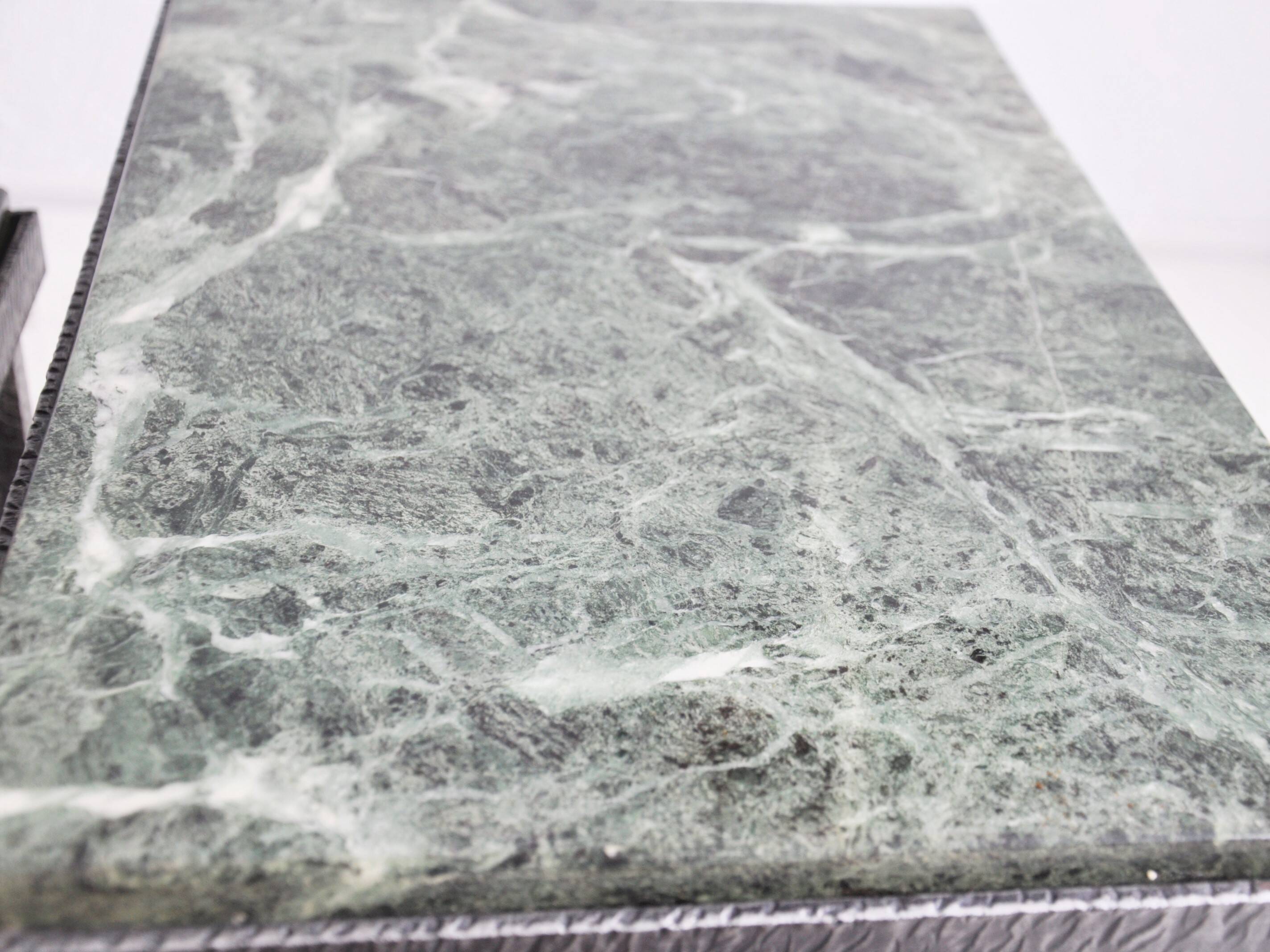 Green nesting coffee table with marble top and iron frame