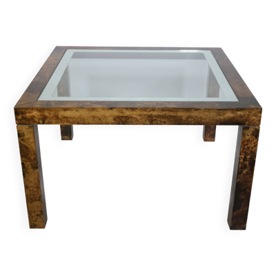 Table basse design Aldo Tura, en verre, cuir de chèvre et parchemin – Table d'appoint 1978