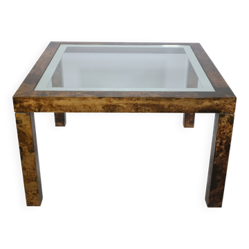 Table basse design Aldo Tura, en verre, cuir de chèvre et parchemin – Table d'appoint 1978