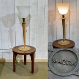 Lampe Mazda des années 1960, piétement en tôle et tronc en bois
