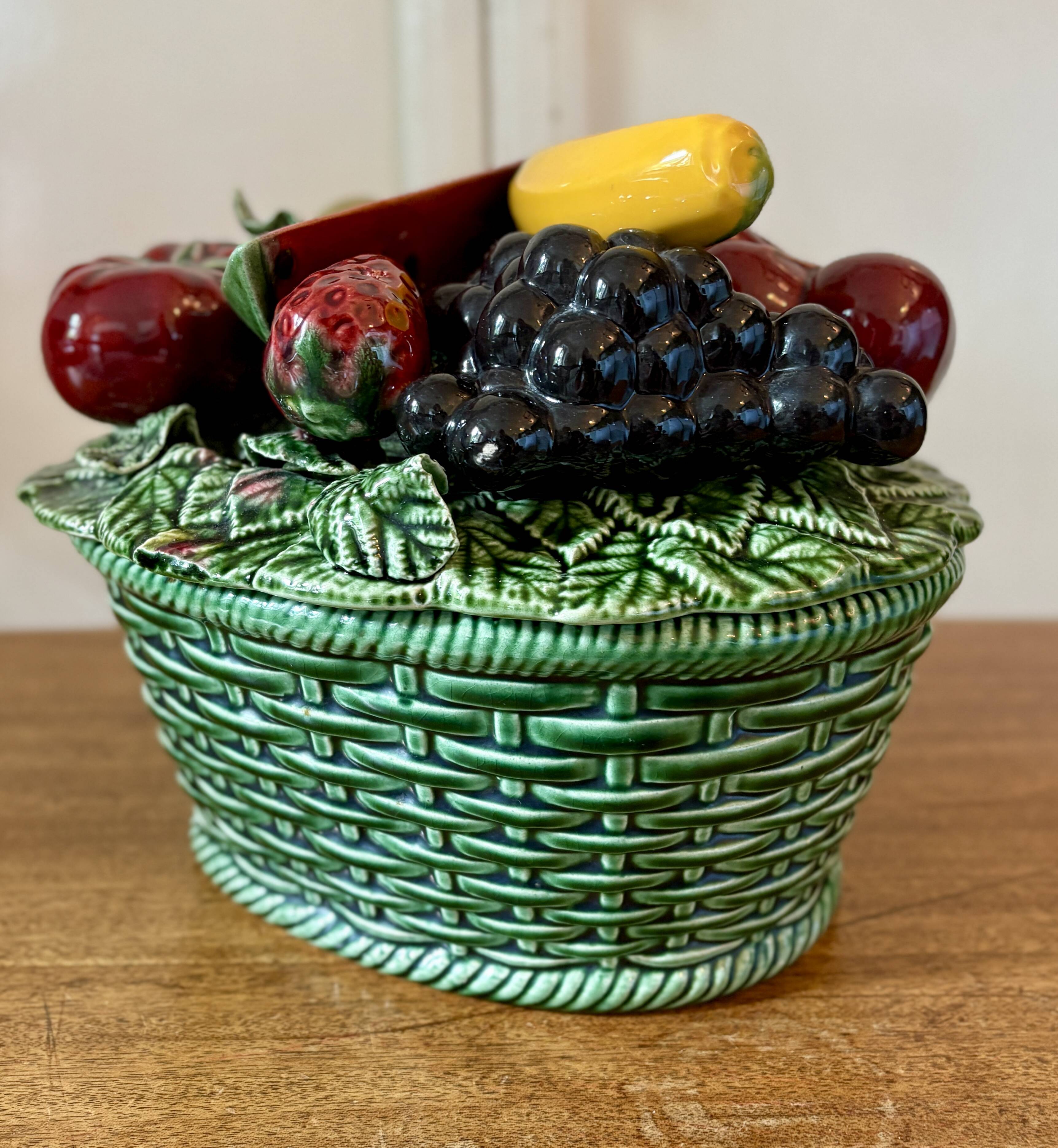 Vintage barbotine dish with fruit decorations