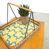 Rattan tray with handle and vintage flowers