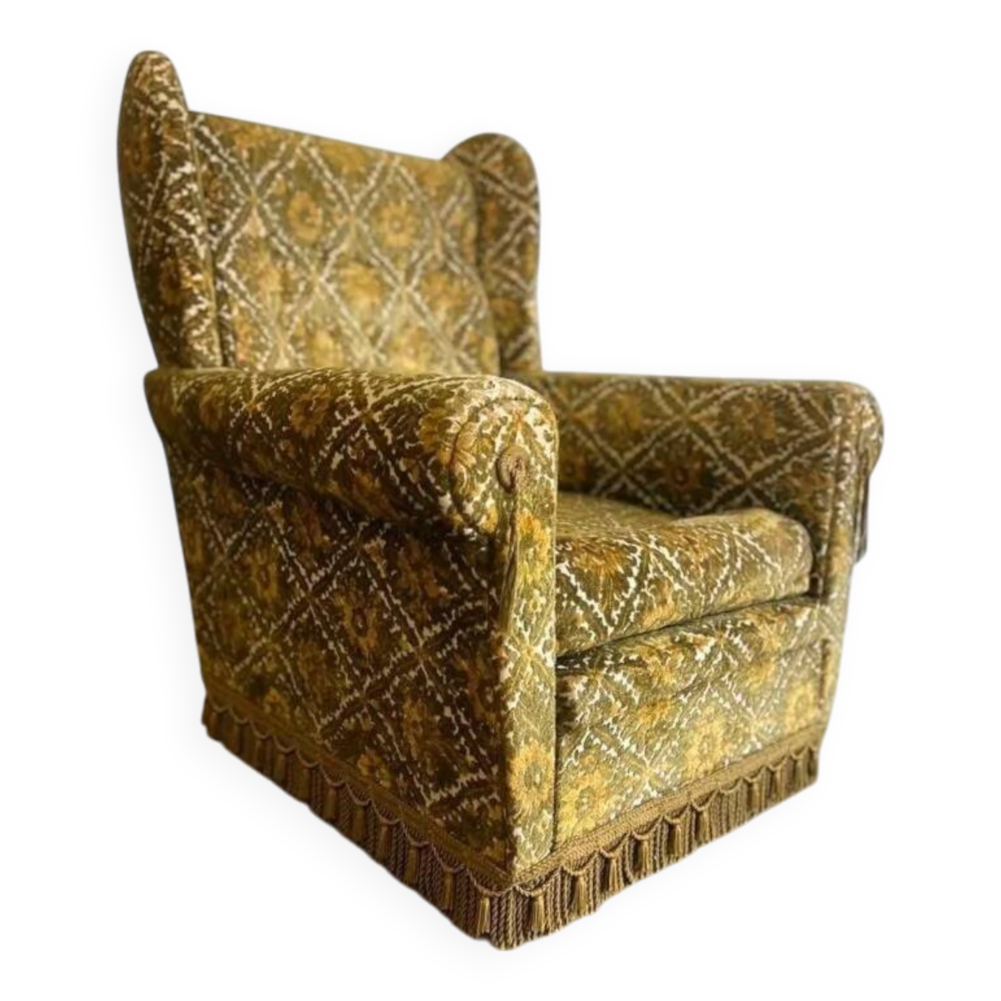 Vintage mustard yellow armchair / single-seater with fringes