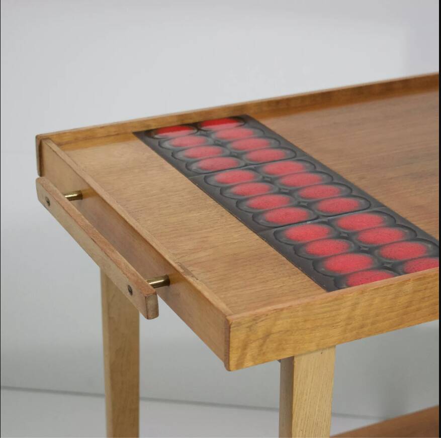 Vintage rolling bar or serving trolley, red ceramic, 1950s design