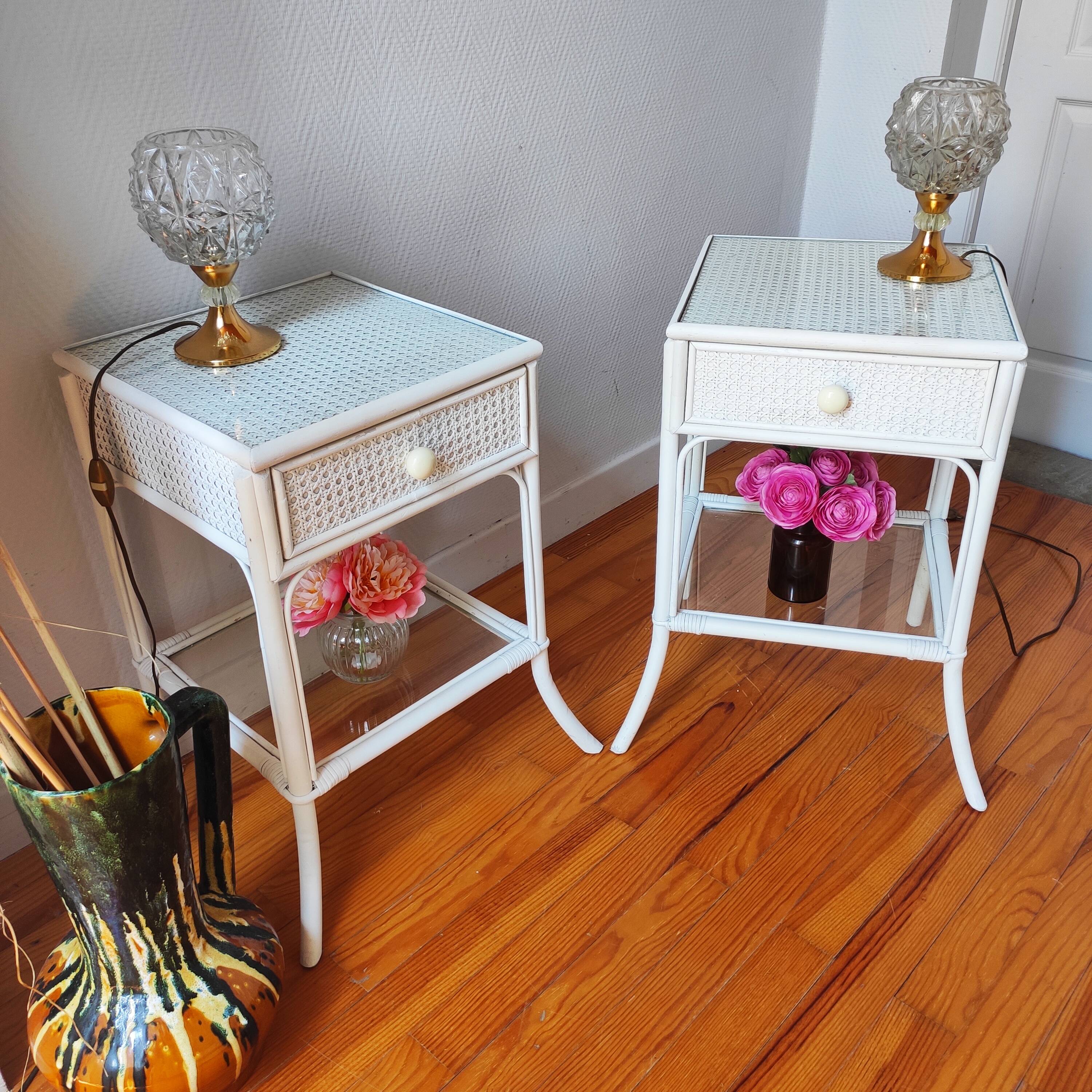 Pair of vintage 1970s rattan bedside tables