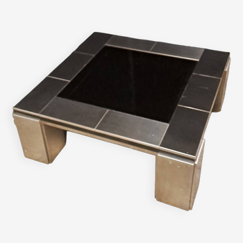 Table chromée 1970 plateau de verre noir, dans le goût de Willy Rizzo.