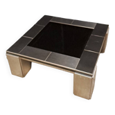 Table chromée 1970 plateau de verre noir, dans le goût de Willy Rizzo.