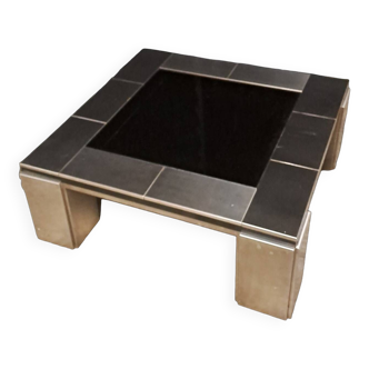 Chrome table 1970 black glass top, in the style of Willy Rizzo.