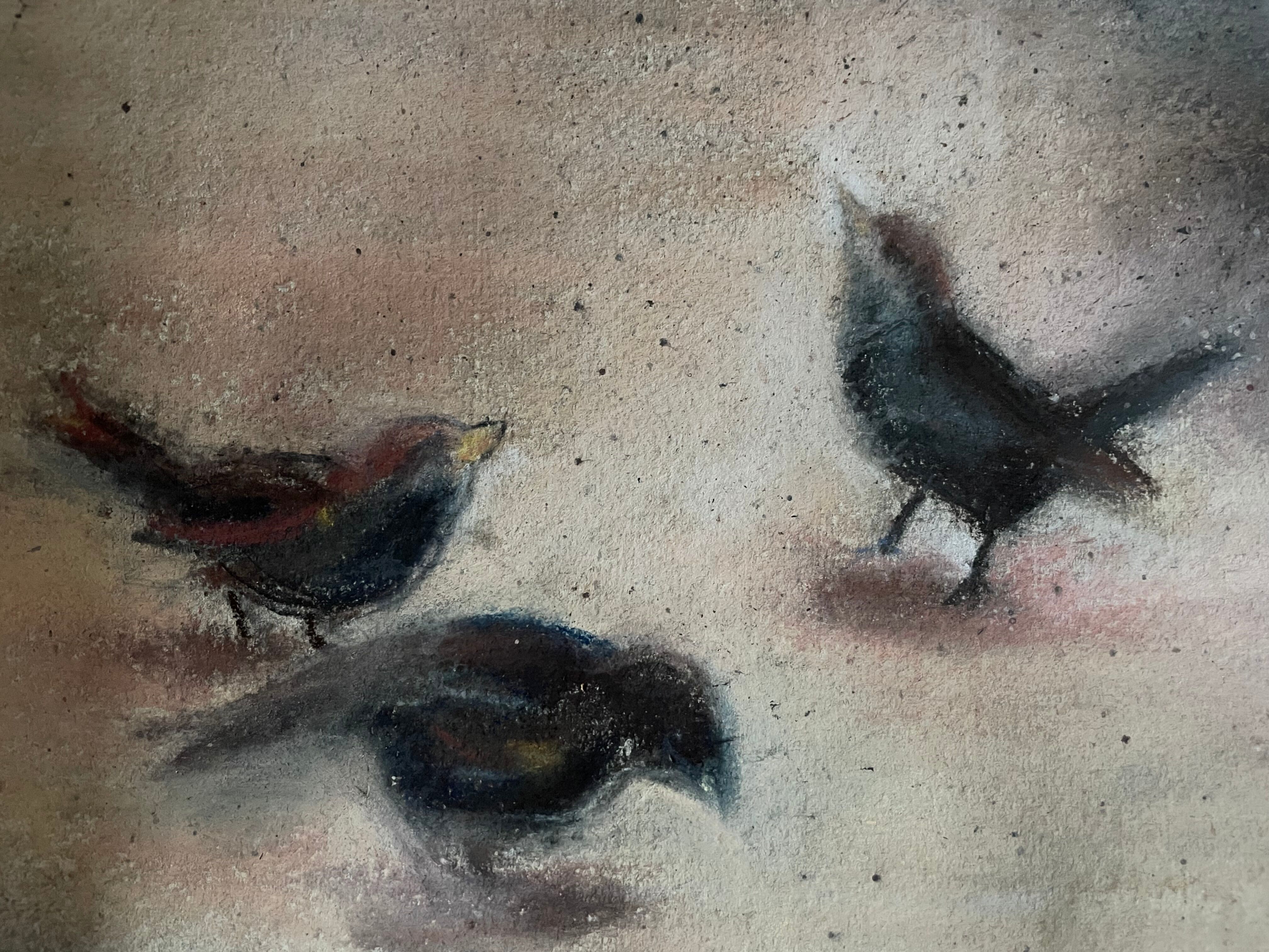 Old signed painting, drawing in bold pencil on cardboard