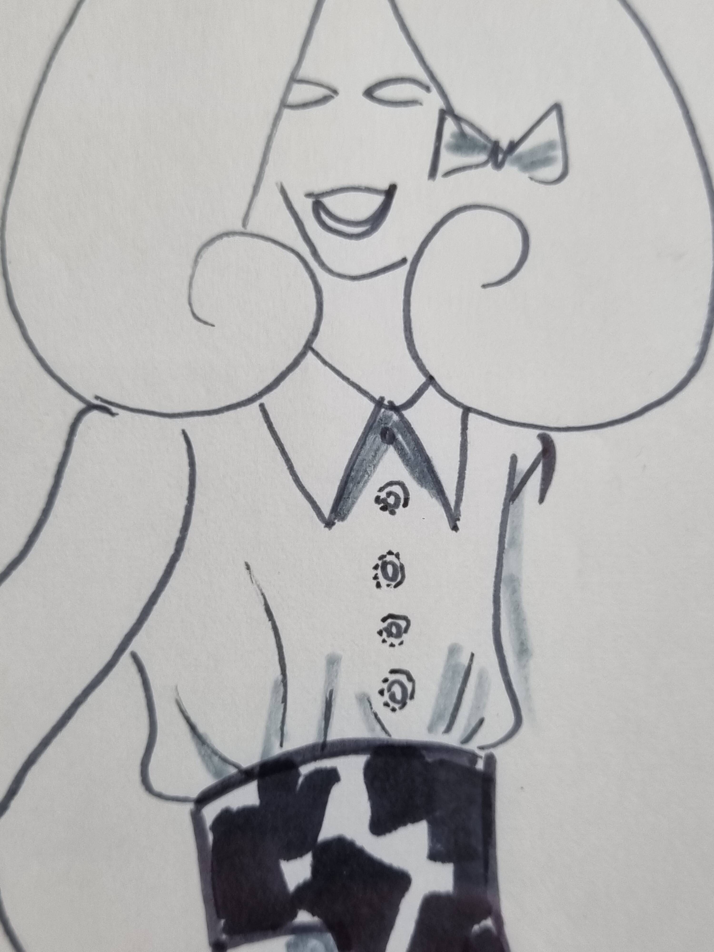 Fashion sketch, original drawing, monogrammed by Jean Eden, 70s