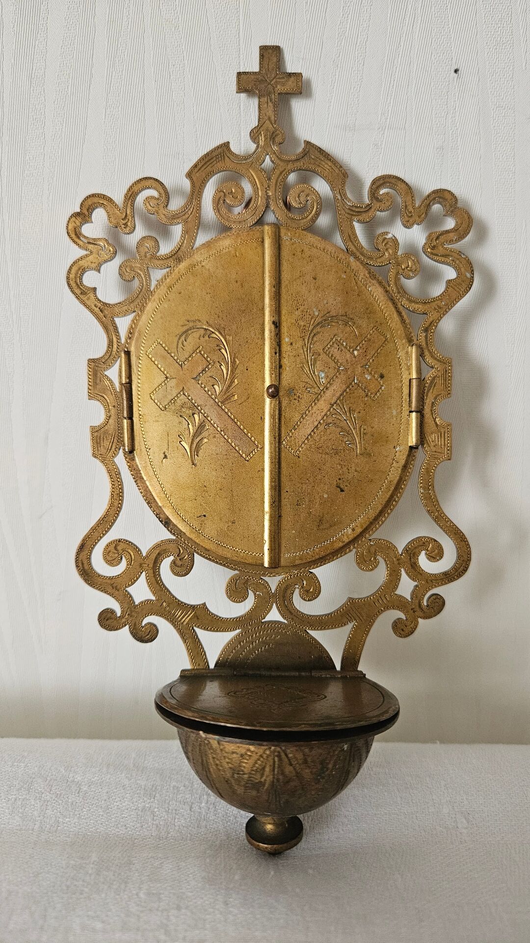 Antique triptych font brass porcelain