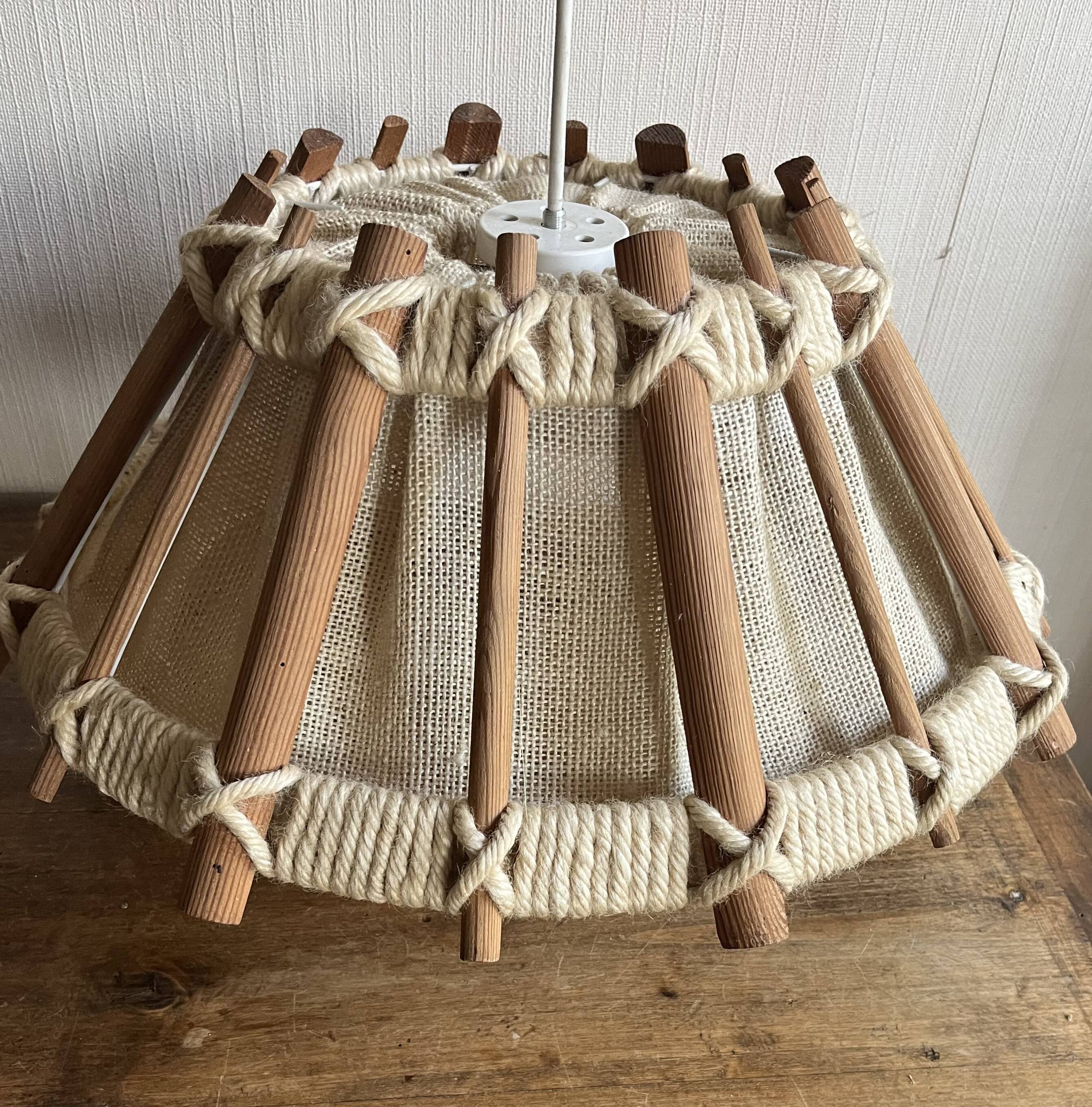 Large Scandinavian pendant light, natural wood, jute, wool, 70s