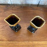 Pair of art deco flamed ceramic vases in black & beige vintage