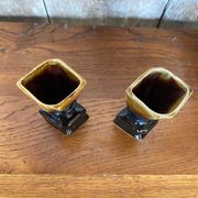 Pair of art deco flamed ceramic vases in black & beige vintage