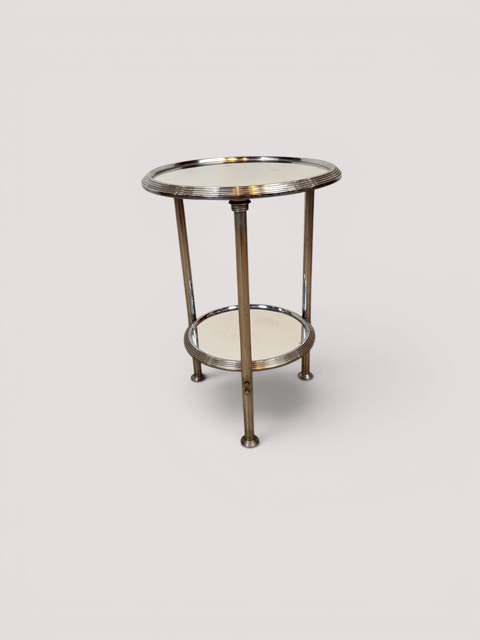 Art Deco tripod gueridon in chrome metal with double mirror top, 1930-19.