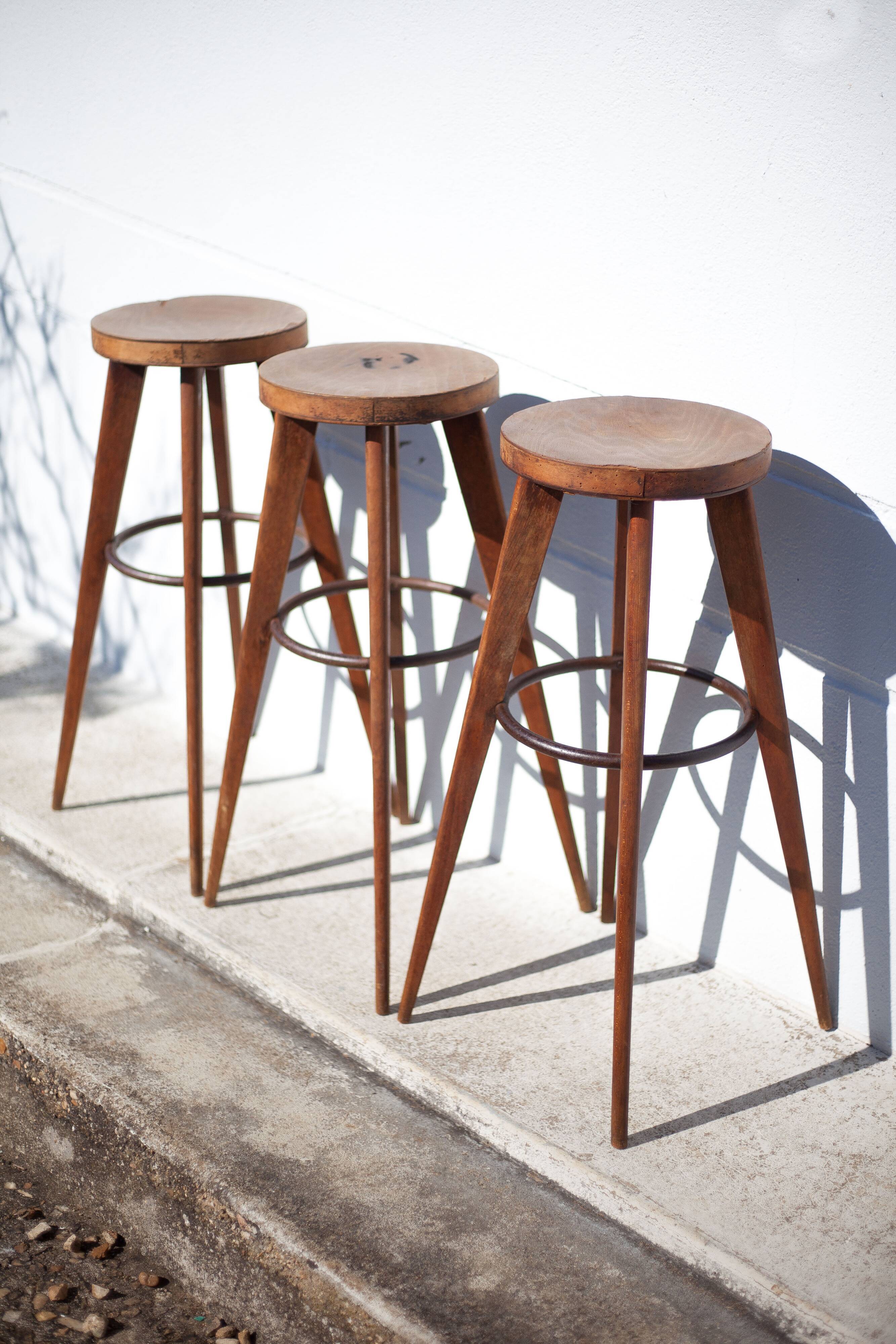 Lot 3 bar stools, high chair, wooden and metal stool, industrial, vintage, bar