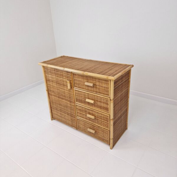 Commode ou crédence italienne en bambou et rotin, années 1980