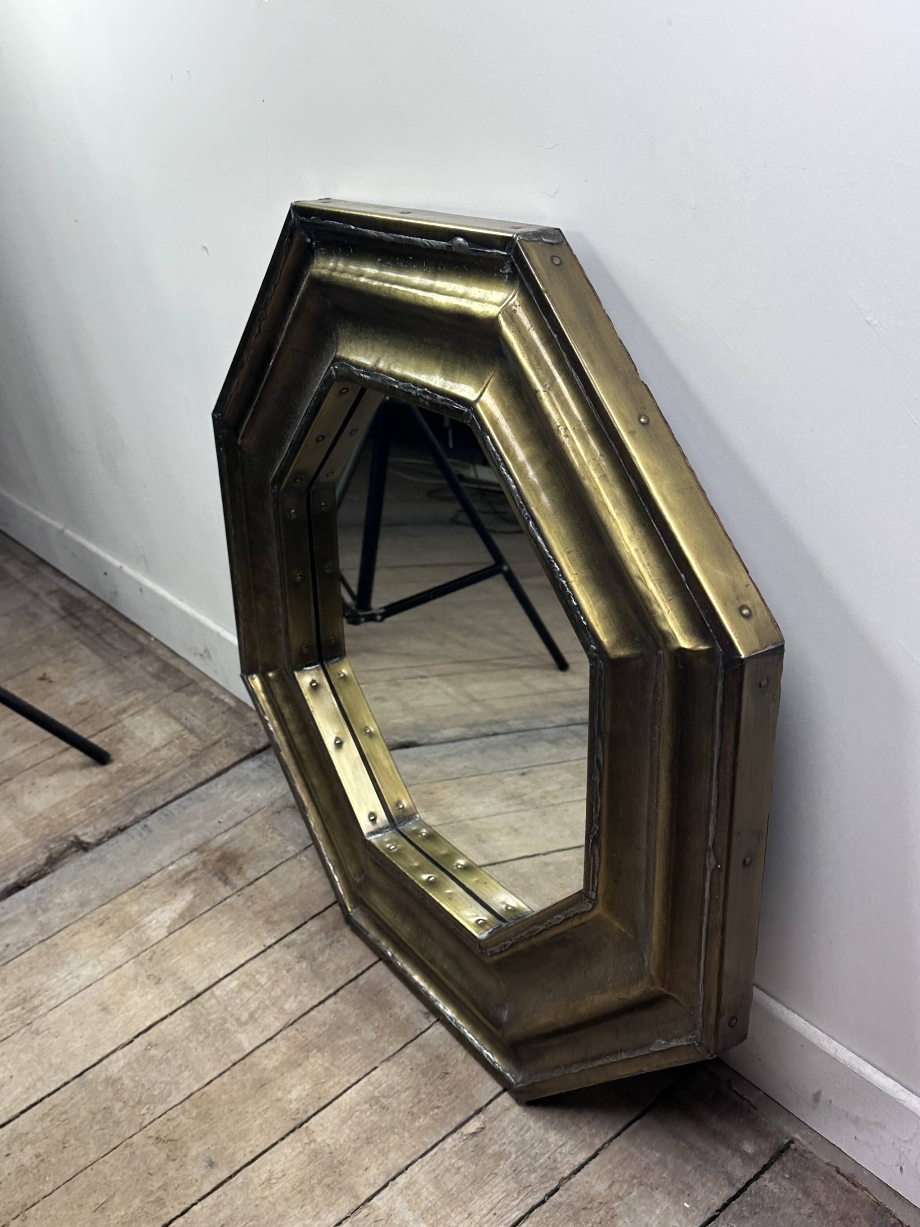 Vintage 1960s octagonal brass and pewter mirror
