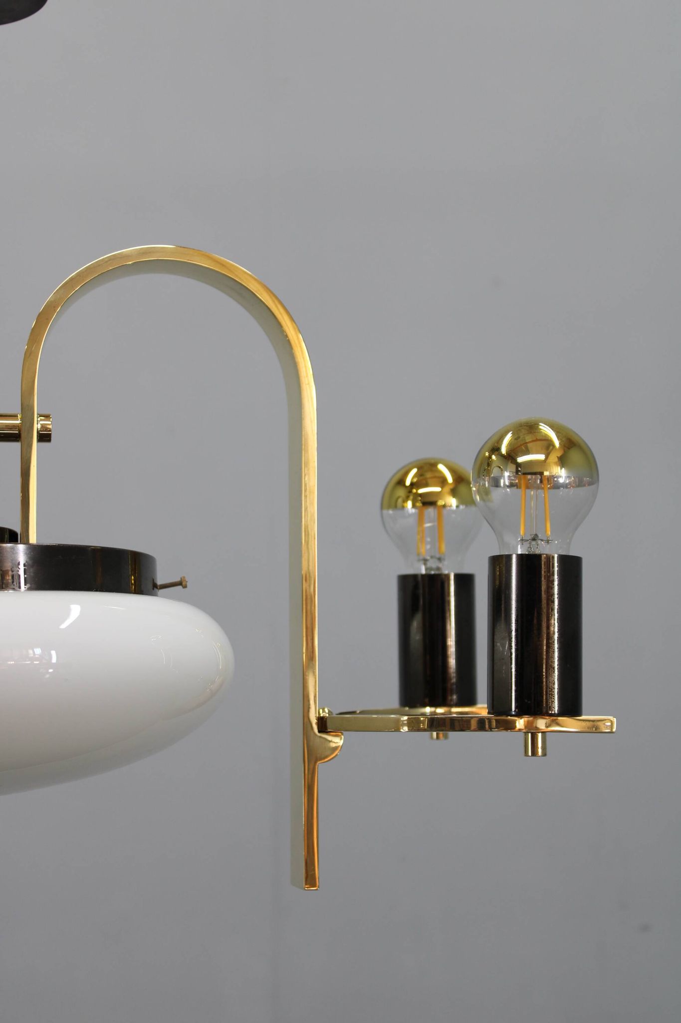 1930s Czech Art Deco brass chandelier with milk glass center and exposed bulbs