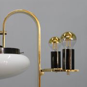 1930s Czech Art Deco brass chandelier with milk glass center and exposed bulbs