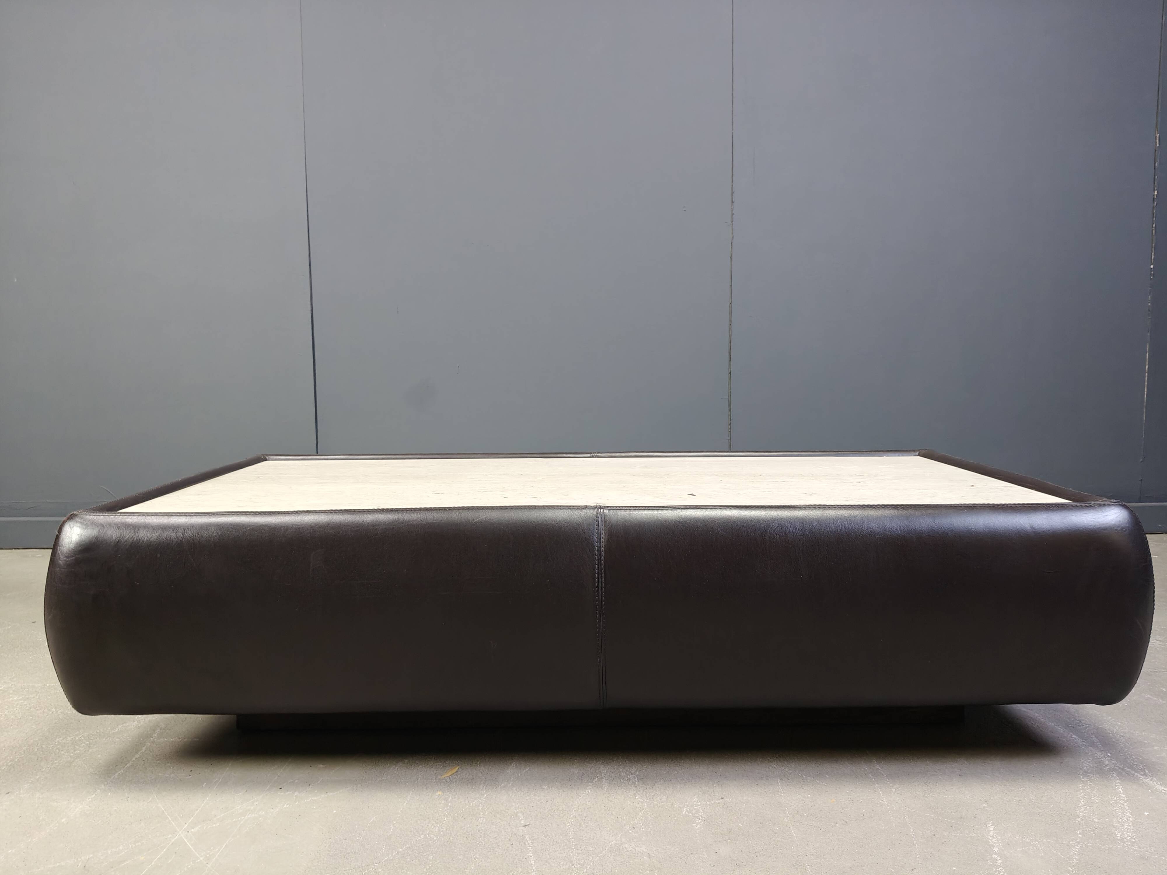 Leather and travertine coffee table attr to Desede, 1970s