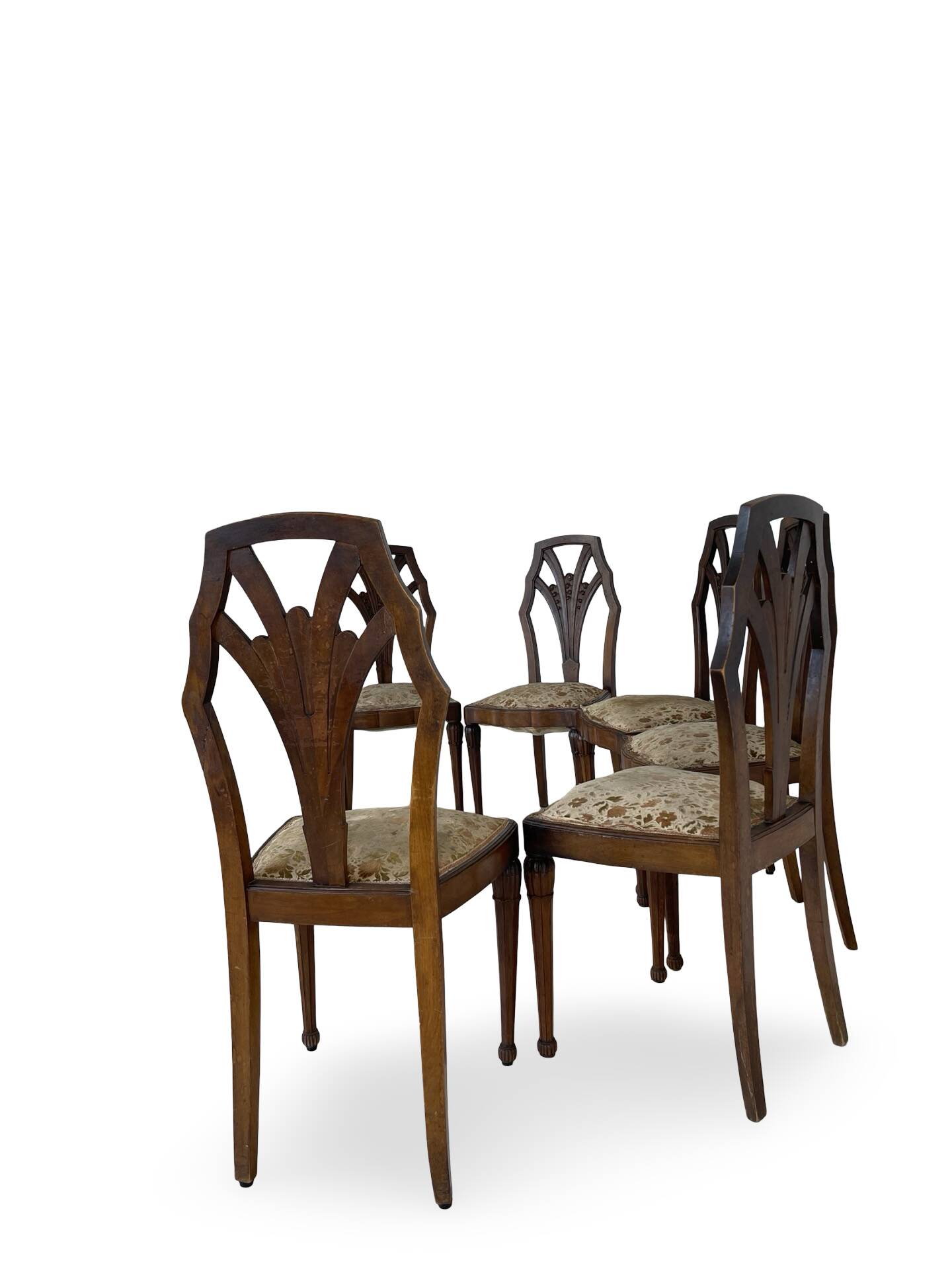 Ensemble de 6 chaises de salle à manger en noyer sculpté Art Déco, années 1920/1930