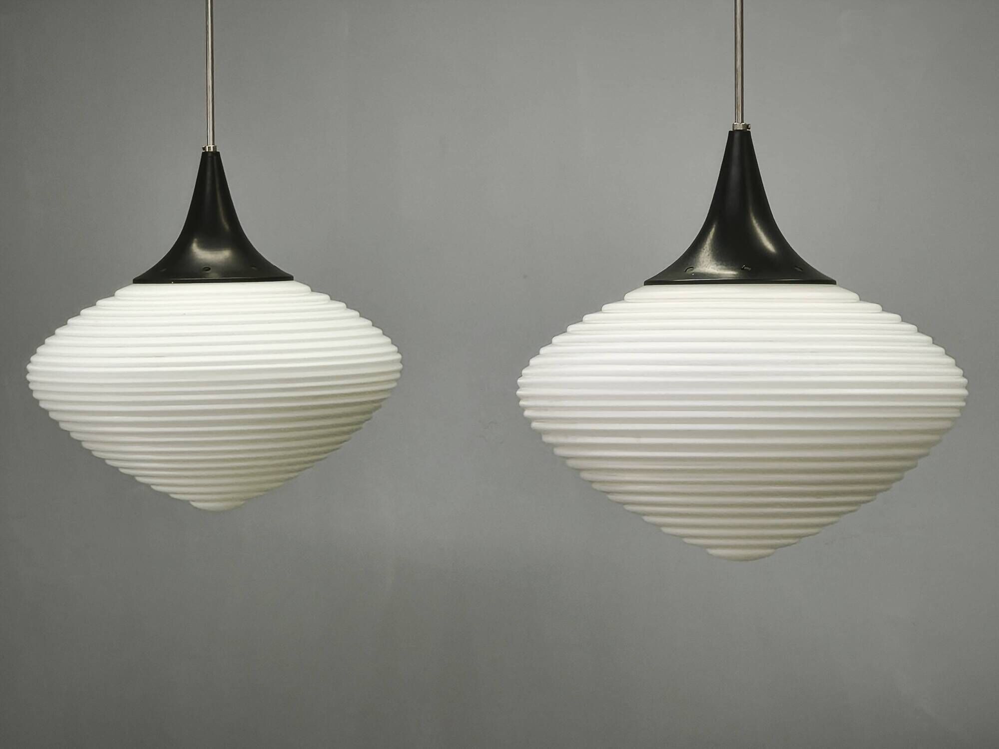 Pair of Space Age Opaline Glass Pendants, Czechoslovakia, 1970s