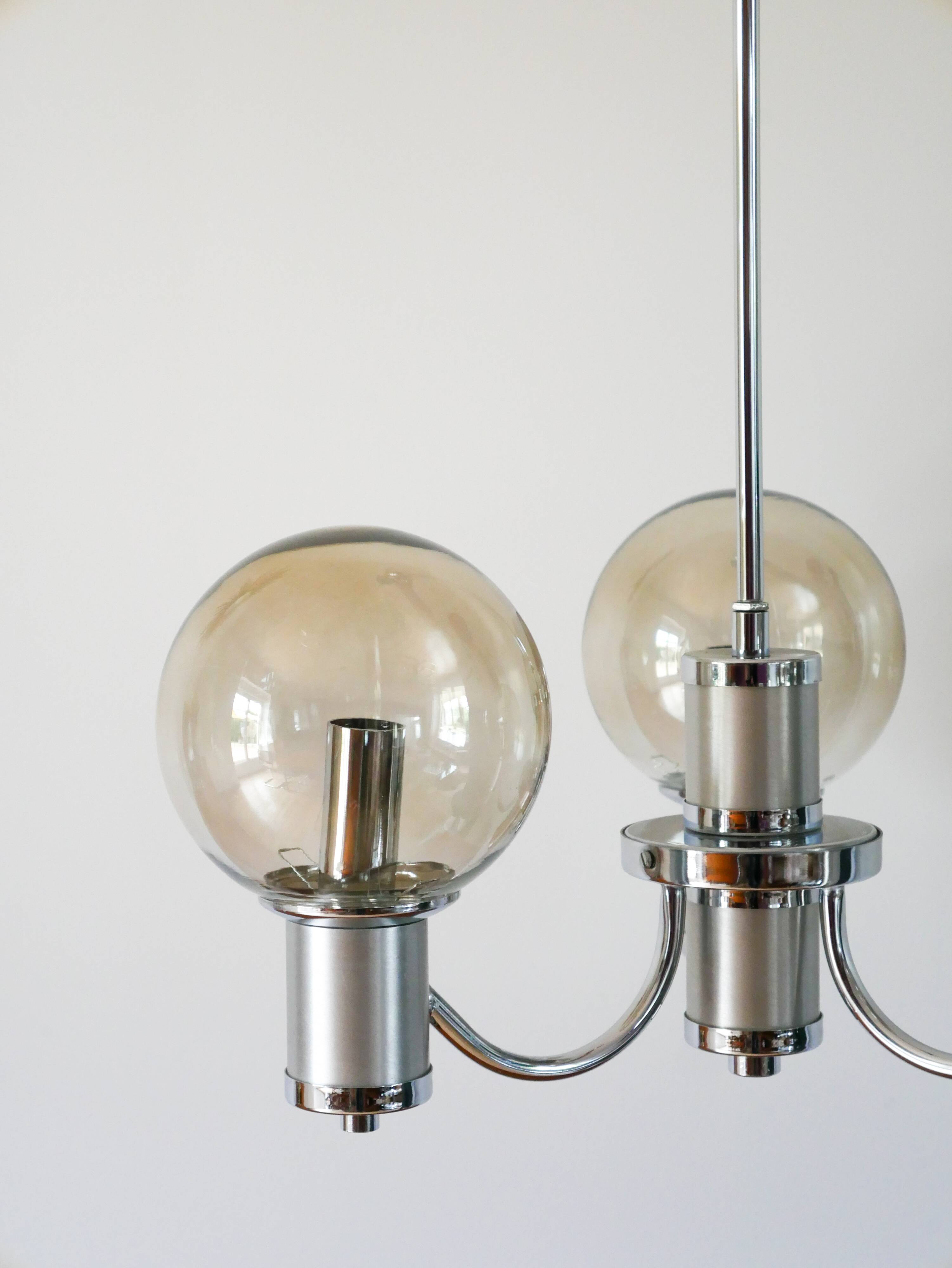 Three-branched chandelier, in chrome and smoked glass globes, Design, 1970