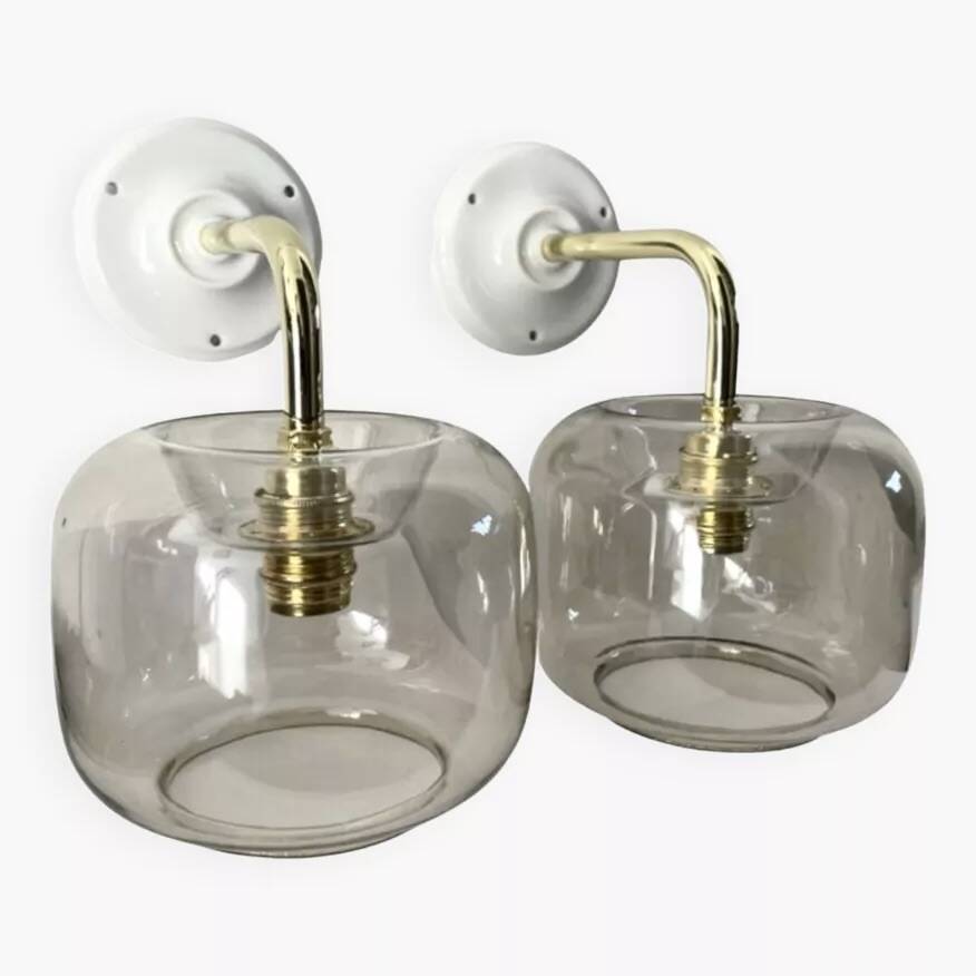 Set of two vintage smoked glass wall lights