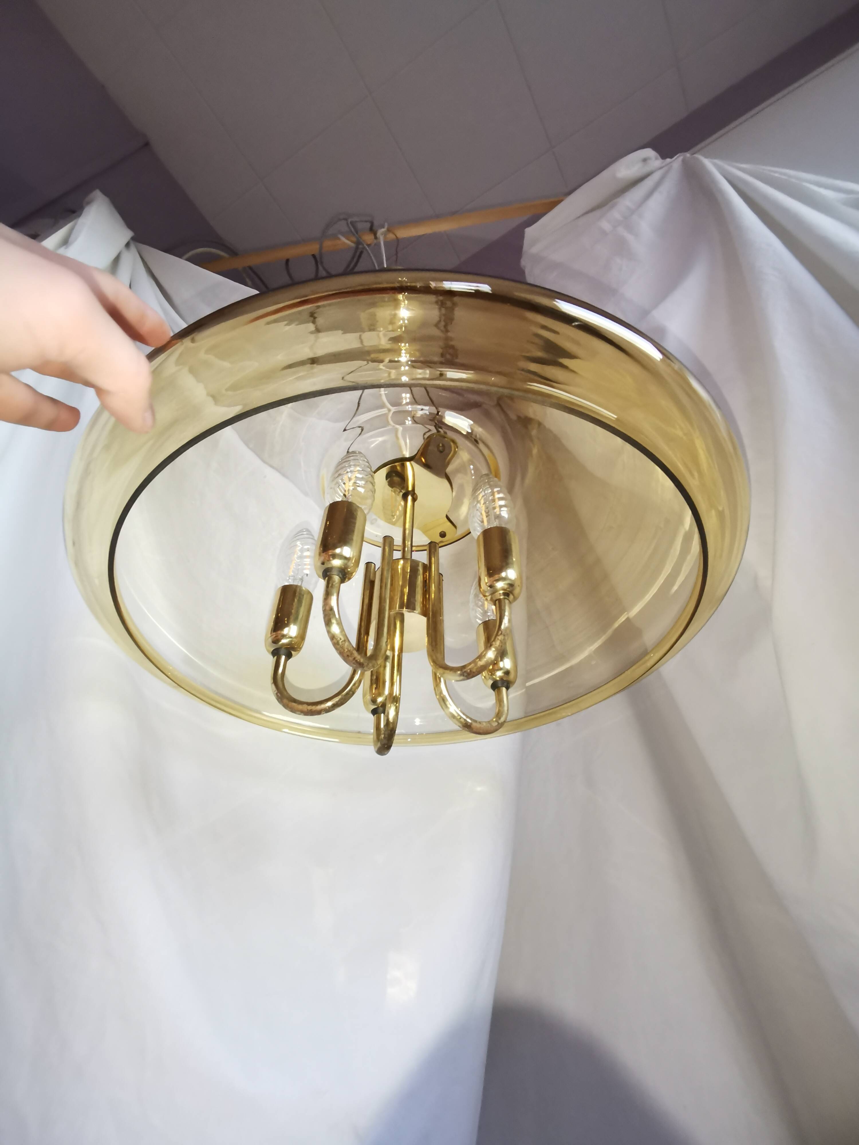 Large chandelier in brass and smoked glass, six branches, space age, baroque, Italy, 1970.